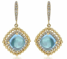 3.40CT DIAMOND & AAA CABOCHON BLUE TOPAZ 14KT YELLOW GOLD HALO HANGING EARRINGS
