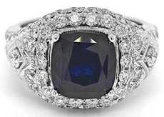 ESTATE LARGE 6.53CT DIAMOND & AAA SAPPHIRE 18KT WHITE GOLD CUSHION & ROUND RING