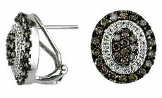1.34CT WHITE & CHOCOLATE FANCY DIAMOND 14KT WHITE GOLD 3D OVAL CLIP ON EARRINGS