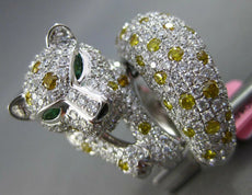 8.58CT WHITE & CANARY DIAMOND & EMERALD 18K WHITE GOLD HAPPY JAGUAR PANTHER RING