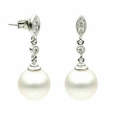 ESTATE .11CT DIAMOND & AAA PEARL 14KT WHITE GOLD 3D MILGRAIN HANGING EARRINGS