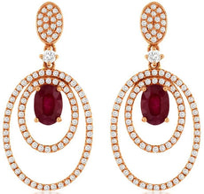 LARGE 1.72CT DIAMOND & AAA RUBY 14KT ROSE GOLD 3D OVAL & ROUND HANGING EARRINGS