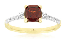1.38CT DIAMOND & AAA GARNET 14K YELLOW GOLD 3D CUSHION & ROUND 3 STONE LOVE RING