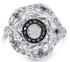 WIDE .28CT WHITE & BLACK DIAMOND 14KT WHITE GOLD OPEN FILIGREE FLOWER FUN RING