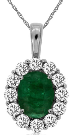 1.85CT DIAMOND & AAA EMERALD 14K WHITE GOLD OVAL & ROUND FLOWER FLOATING PENDANT