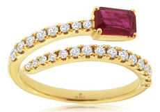 1.08CT DIAMOND & AAA RUBY 14KT YELLOW GOLD EMERALD CUT & ROUND CRISS CROSS RING
