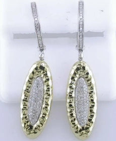 LARGE .41CT DIAMOND 14KT 2 TONE GOLD ROUND OVAL SHAPE HAMMERED HANGING EARRINGS