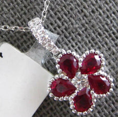 1CT DIAMOND & AAA RUBY 18K WHITE GOLD PEAR SHAPE CLASSIC FLOWER FILIGREE PENDANT
