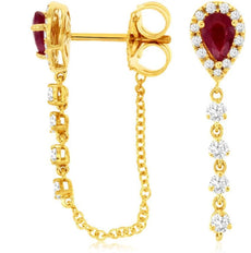 .79CT DIAMOND & AAA RUBY 14KT YELLOW GOLD 3D PEAR SHAPE & ROUND HANGING EARRINGS