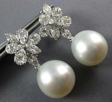 LARGE 2.03CT DIAMOND & AAA PEARL 18KT WHITE GOLD 3D MULTI LEAF HANGING EARRINGS