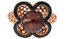 .26CT BLACK DIAMOND & AAA TAHITIAN PEARL 14KT ROSE GOLD OPEN FILIGREE FUN RING