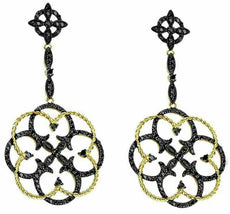 1.0CT BLACK DIAMOND 14K YELLOW GOLD 3D FLOWER FILIGREE MILGRAIN HANGING EARRINGS