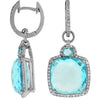 LARGE 19CT DIAMOND & AAA BLUE TOPAZ 14KT WHITE GOLD 3D HUGGIE HANGING EARRINGS
