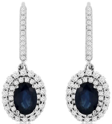 2.85CT DIAMOND & AAA SAPPHIRE 14KT WHITE GOLD OVAL & ROUND HALO HANGING EARRINGS