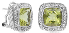 8.14CT DIAMOND & AAA LEMON QUARTZ 14KT WHITE GOLD 3D CUSHION & ROUND EARRINGS