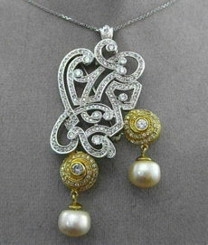 ANTIQUE MASSIVE 2.90CT DIAMOND & PEARL 18K TWO TONE GOLD FILIGREE PENDANT BROOCH