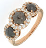 ESTATE 2.25CT WHITE & MOCHA DIAMOND 18K ROSE GOLD CLASSIC 3 STONE HALO FUN RING