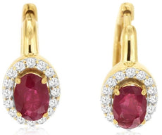 1.35CT DIAMOND & AAA RUBY 14KT YELLOW GOLD 3D OVAL & ROUND HALO HANGING EARRINGS