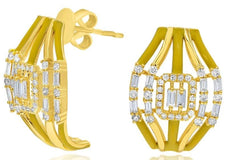 WIDE .76CT DIAMOND & YELLOW ENAMEL 14KT YELLOW GOLD 3D ROUND & BAGUETTE EARRINGS