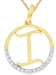 .02CT DIAMOND 14KT 2 TONE GOLD CLASSIC I INITIAL CIRCULAR FUN FLOATING PENDANT
