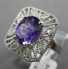 ANTIQUE LARGE 2.48CT DIAMOND & AAA AMETHYST 14KT WHITE GOLD FILIGREE FLORAL RING