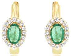 1.13CT DIAMOND & AAA EMERALD 14KT YELLOW GOLD OVAL & ROUND HUGGIE HOOP EARRINGS