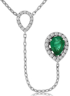.88CT DIAMOND & AAA EMERALD 14K WHITE GOLD 3D ROUND & PEAR SHAPE LARIAT NECKLACE
