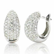 ESTATE 2.0CT DIAMOND 18K WHITE GOLD ROUND CLASSIC PAVE SEMI HOOP HUGGIE EARRINGS
