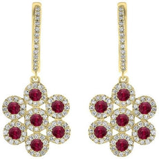 1.02CT DIAMOND & AAA RUBY 14KT YELLOW GOLD FLOWER LEVERBACK HANGING EARRINGS