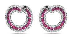 ESTATE 3.0CT DIAMOND & AAA RUBY 18K WHITE GOLD 3D SIDEWAYS HOOP HANGING EARRINGS
