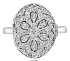 ESTATE .15CT DIAMOND 14KT WHITE GOLD 3D ROUND FLOWER FILIGREE OVAL FUN RING
