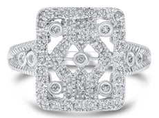 WIDE .18CT DIAMOND 14KT WHITE GOLD 3D OPEN FILIGREE SQUARE GEOMETRICAL FUN RING