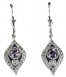 .95CT DIAMOND & AAA AMETHYST 14KT WHITE GOLD 3D TEAR DROP HEART HANGING EARRINGS
