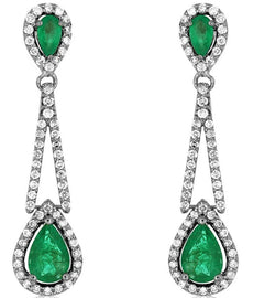 2.46CT DIAMOND & AAA EMERALD 14KT WHITE GOLD PEAR SHAPE & ROUND HANGING EARRINGS