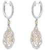 ESTATE 1.0CT DIAMOND 18KT 2 TONE GOLD 3D ROUND FLORAL HUGGIE HANGING EARRINGS