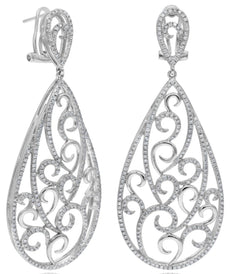 2.43CT DIAMOND 14KT WHITE GOLD 3D OPEN FILIGREE TEAR DROP FUN HANGING EARRINGS