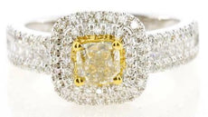 1.40CT WHITE & FANCY YELLOW DIAMOND 18KT 2 TONE GOLD CUSHION CUT ENGAGEMENT RING