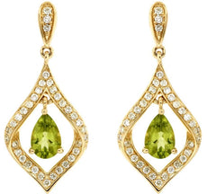 1.19CT DIAMOND & AAA PERIDOT 14K YELLOW GOLD PEAR SHAPE & ROUND HANGING EARRINGS