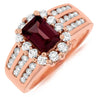 WIDE 2.35CT DIAMOND & AAA RHODOLITE 14KT ROSE GOLD 3D EMERALD CUT & ROUND RING