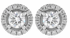 ESTATE LARGE 1.32CT DIAMOND 14KT WHITE GOLD SOLITAIRE CLASSIC HALO STUD EARRINGS