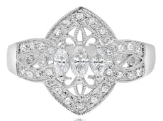 WIDE .43CT DIAMOND 14K WHITE GOLD 3D ROUND & MARQUISE OPEN FILIGREE 3 STONE RING