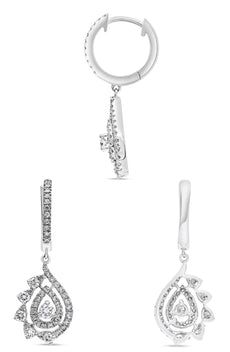 ESTATE .75CT DIAMOND 14KT WHITE GOLD DOUBLE TEAR DROP JOURNEY HANGING EARRINGS