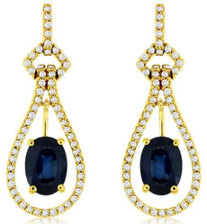 2.34CT DIAMOND & AAA SAPPHIRE 14KT YELLOW GOLD 3D OVAL & ROUND HANGING EARRINGS