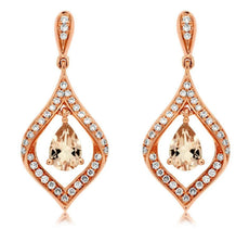 .99CT DIAMOND & AAA MORGANITE 14KT ROSE GOLD 3D PEAR SHAPE LEAF HANGING EARRINGS