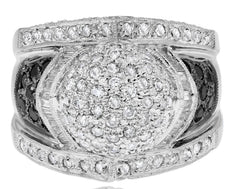 LARGE 3.25CT WHITE & BLACK DIAMOND 14KT WHITE GOLD ROUND & BAGUETTE CLUSTER RING