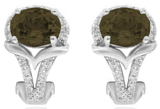 2.56CT DIAMOND & AAA SMOKY TOPAZ 14K WHITE GOLD 3D OVAL & ROUND V SHAPE EARRINGS