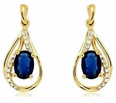 1.40CT DIAMOND & AAA SAPPHIRE 14K YELLOW GOLD 3D OVAL & ROUND TEAR DROP EARRINGS