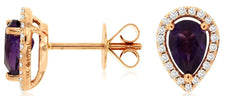 .87CT DIAMOND & AAA AMETHYST 14K ROSE GOLD PEAR SHAPE & ROUND HALO STUD EARRINGS