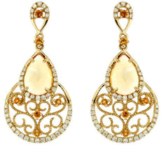 3.5CT DIAMOND & AAA CITRINE 14KT YELLOW GOLD FILIGREE TEAR DROP HANGING EARRINGS
