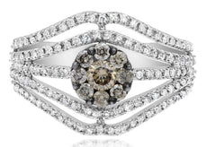 .94CT WHITE AND CHOCOLATE FANCY DIAMOND 14KT WHITE GOLD 3D FLOWER MULTI ROW RING